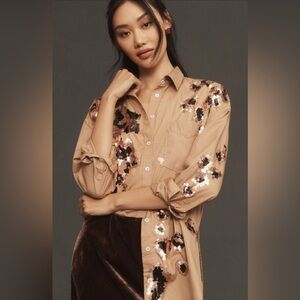 Maeve Anthropologie the bennet button down top sequin leopard print